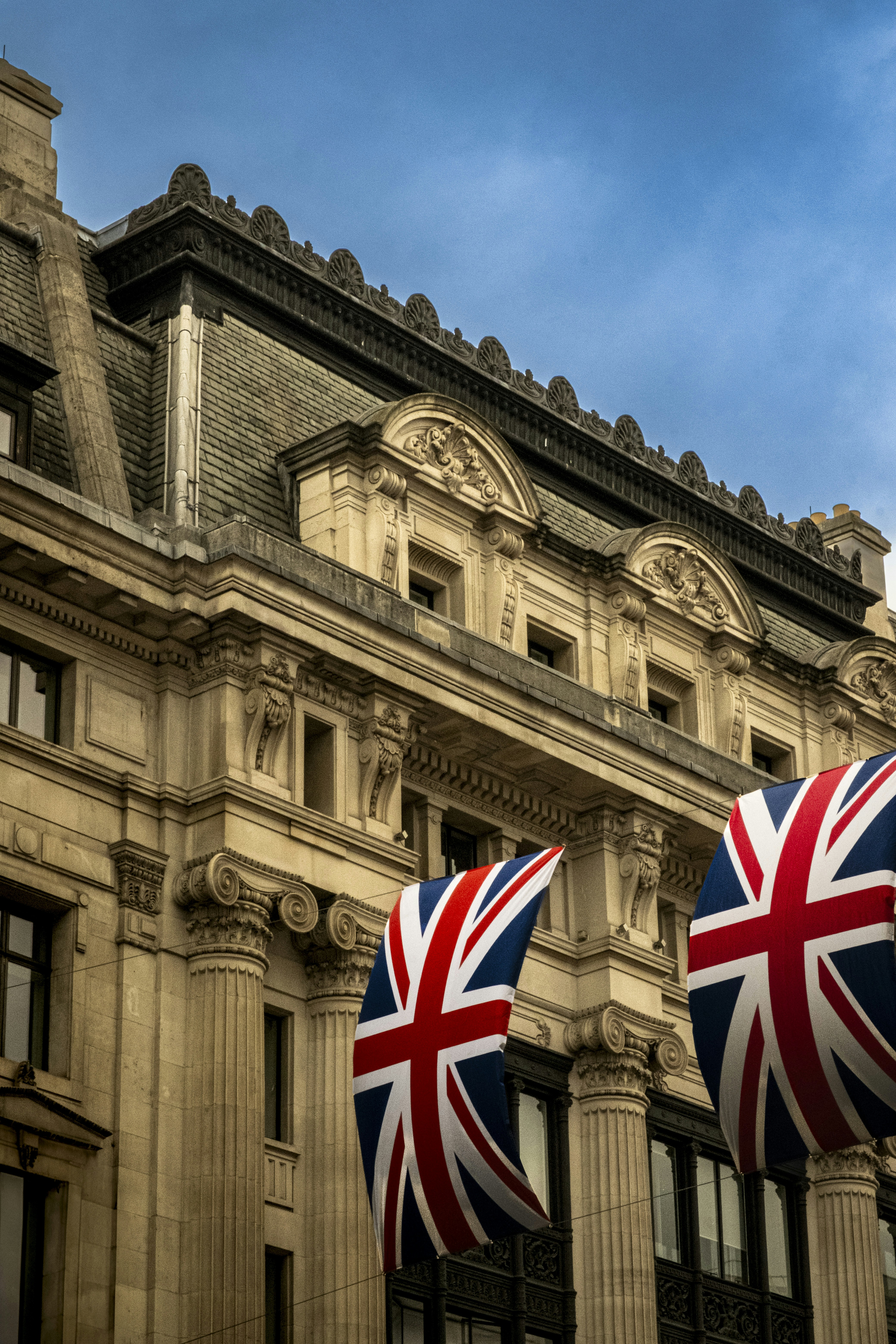 An historical street in London, Regent Street, dressed with the Union Jack flags to commemorate the 80th Anniversary of the VE Day.